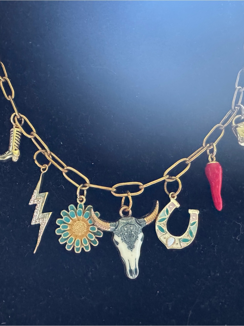Gold Charm Necklace with Turquoise Flower, Bull Skull & Red Chili Charm